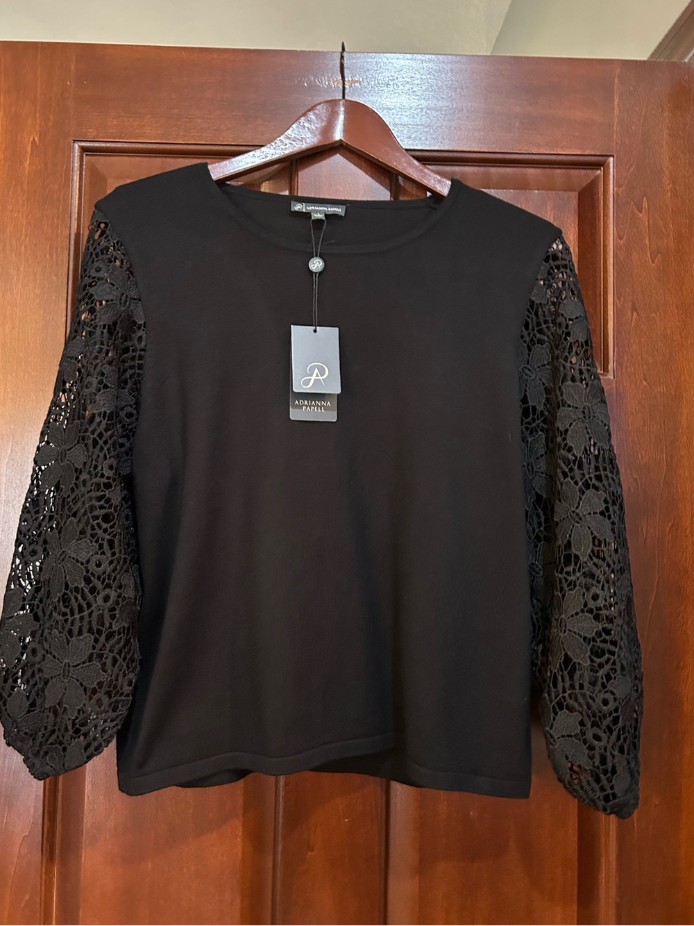 NWT Adrianna Papell Black Lace Sleeve Crewneck Sweater L